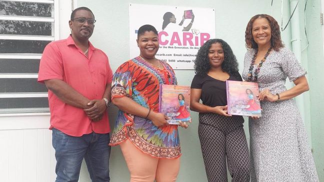 The “Chella &amp; The Weird Woman”, video production team: (l. to r.) Dennis van Putten (TV CARIB), Tashira Richardson (video producer) of Divergences), the reader Fraenseen Fowler and Loekie Morales, the author.