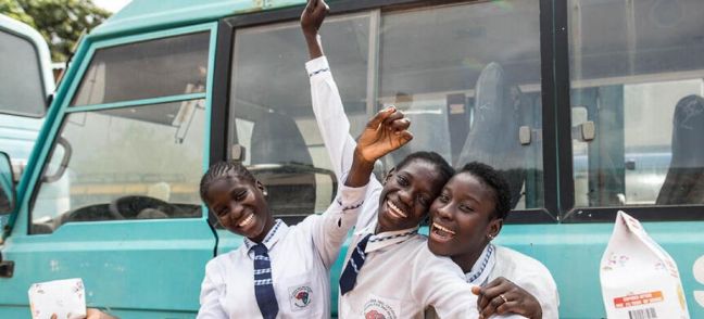 © UNFPA The Gambia Isatou, Mariama, and Fatoumatta no longer have to stop going to classes during their periods, thanks to a UNFPA programme that supports production and free distribution of reusable sanitary pads, including for girls at St. John&#039;s School for the Deaf in Banjul, The Gambia.